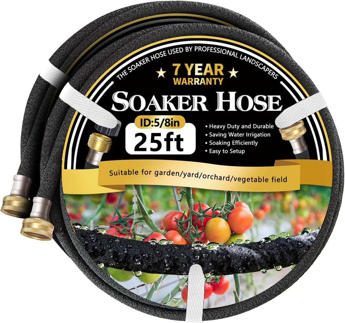 5/8’’ Soaker Hose 25 ft 2 Pack, Heavy Duty Garden Soaker Hoses with Solid Brass Fitting, Rubber Drip Hose for Garden Beds, Vegetable, Lawn, Trees Watering Irrigation （25 ft 2 Pack）