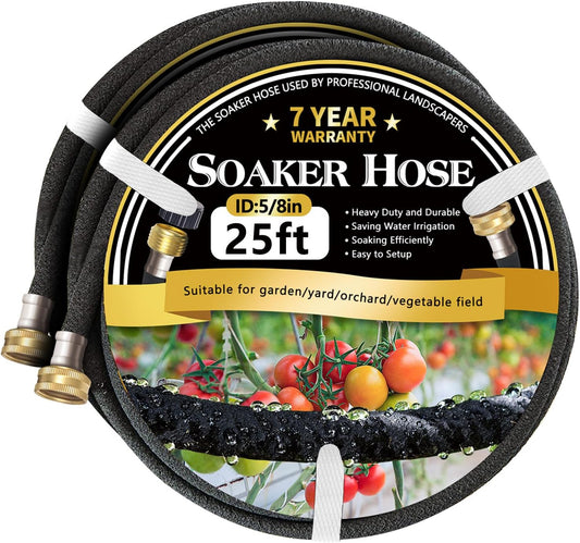 5/8’’ Soaker Hose 25 ft 2 Pack, Heavy Duty Garden Soaker Hoses with Solid Brass Fitting, Rubber Drip Hose for Garden Beds, Vegetable, Lawn, Trees Watering Irrigation （25 ft 2 Pack）