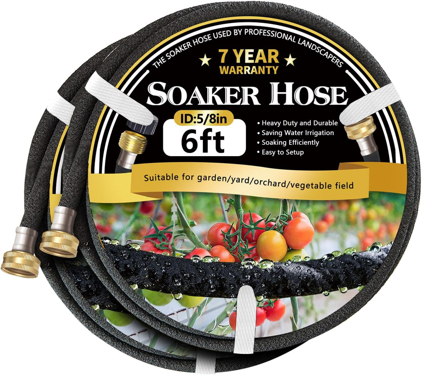5/8’’ Soaker Hose 25 ft 2 Pack, Heavy Duty Garden Soaker Hoses with Solid Brass Fitting, Rubber Drip Hose for Garden Beds, Vegetable, Lawn, Trees Watering Irrigation （25 ft 2 Pack）