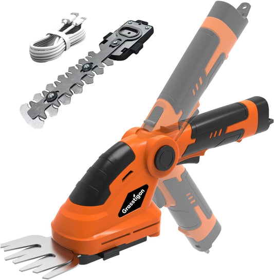 7.2V Hedge Trimmer Cordless, 2 in 1 Grass Shear Handheld, Electric Bush Trimmer, Lightweight Rechargeable Shrub Trimmer for Garden Yard Lawn (Orange)