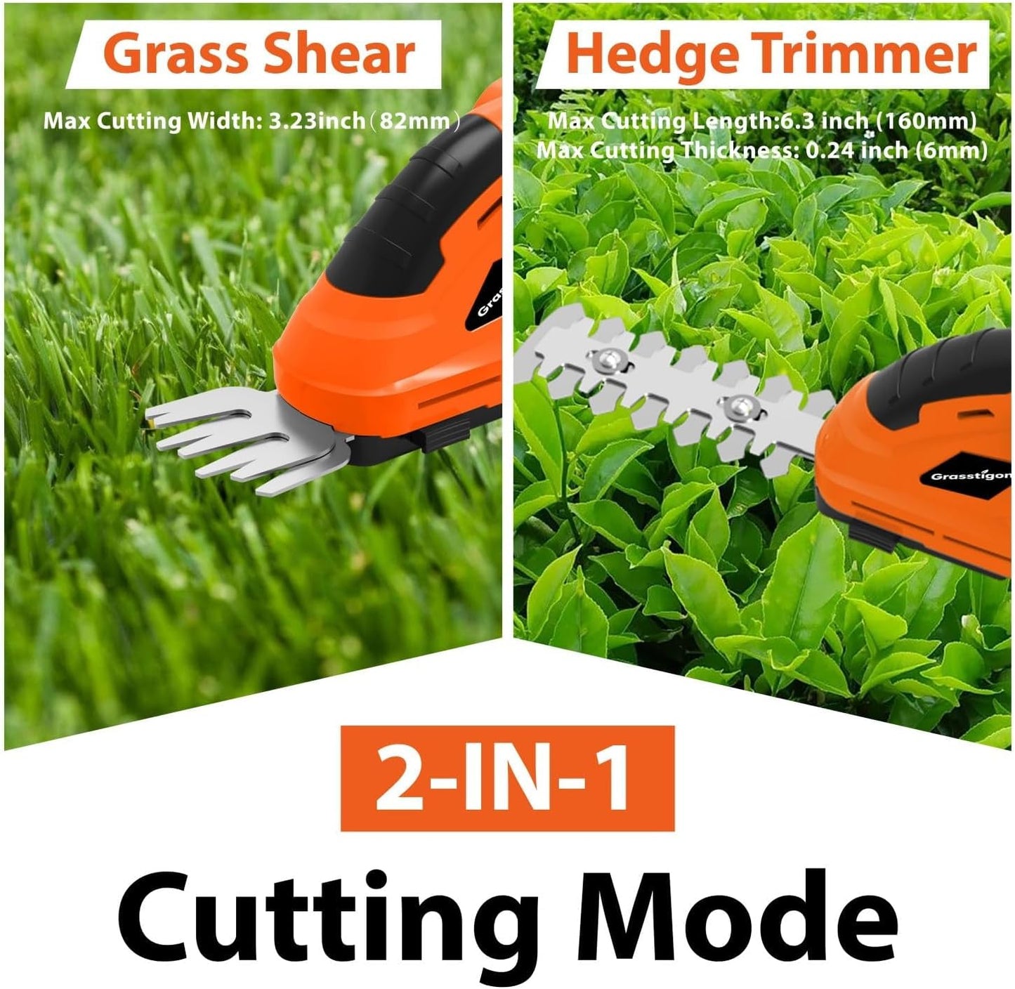 7.2V Hedge Trimmer Cordless, 2 in 1 Grass Shear Handheld, Electric Bush Trimmer, Lightweight Rechargeable Shrub Trimmer for Garden Yard Lawn (Orange)