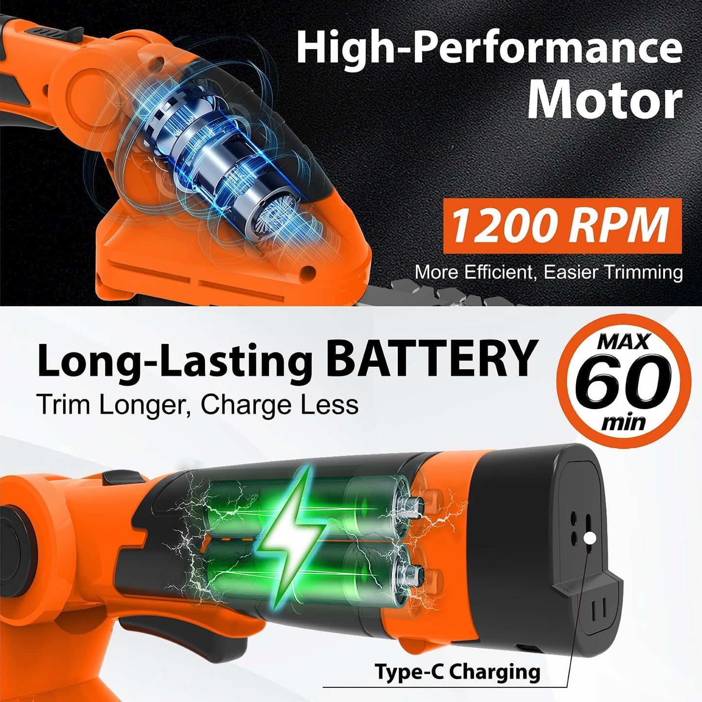 7.2V Hedge Trimmer Cordless, 2 in 1 Grass Shear Handheld, Electric Bush Trimmer, Lightweight Rechargeable Shrub Trimmer for Garden Yard Lawn (Orange)