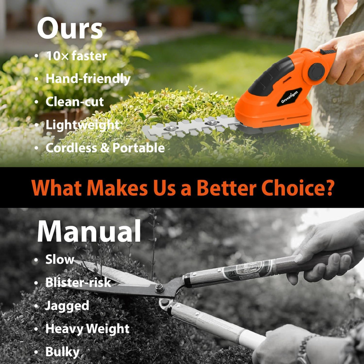 7.2V Hedge Trimmer Cordless, 2 in 1 Grass Shear Handheld, Electric Bush Trimmer, Lightweight Rechargeable Shrub Trimmer for Garden Yard Lawn (Orange)