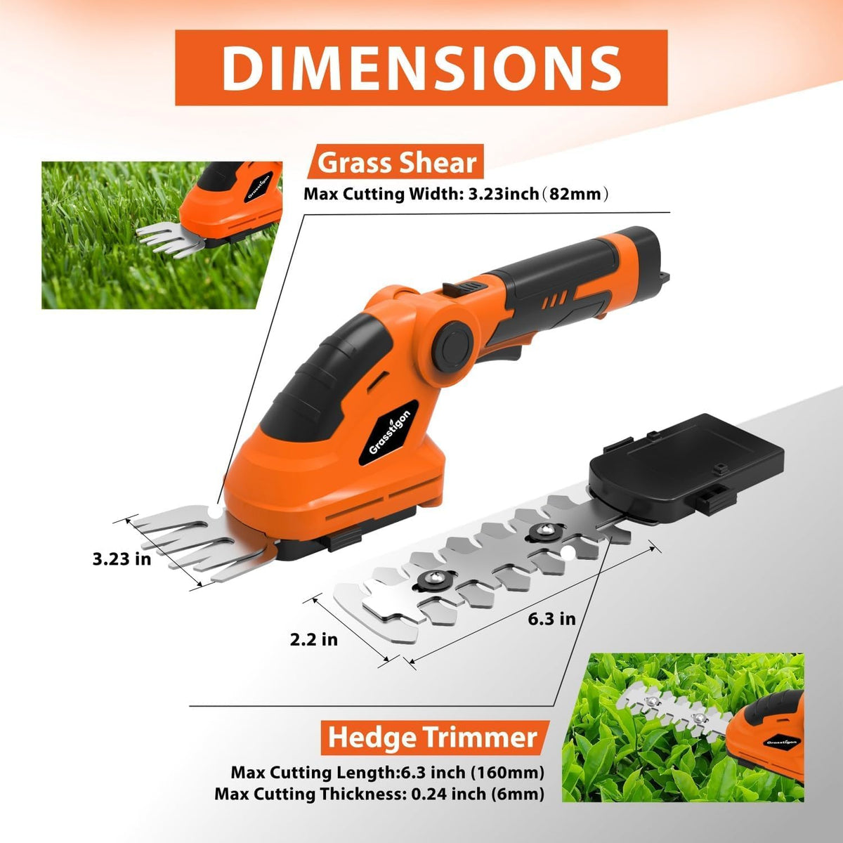 7.2V Hedge Trimmer Cordless, 2 in 1 Grass Shear Handheld, Electric Bush Trimmer, Lightweight Rechargeable Shrub Trimmer for Garden Yard Lawn (Orange)