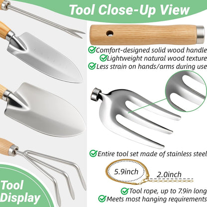Garden Tools Set, Stainless Steel Gardening Supplies Kit, Gardening Kit, Garden Hand Tools with Fashion and Durable Storage Bag, Planting Tools, Ideal Gifts for Women & Men (10 Pieces)