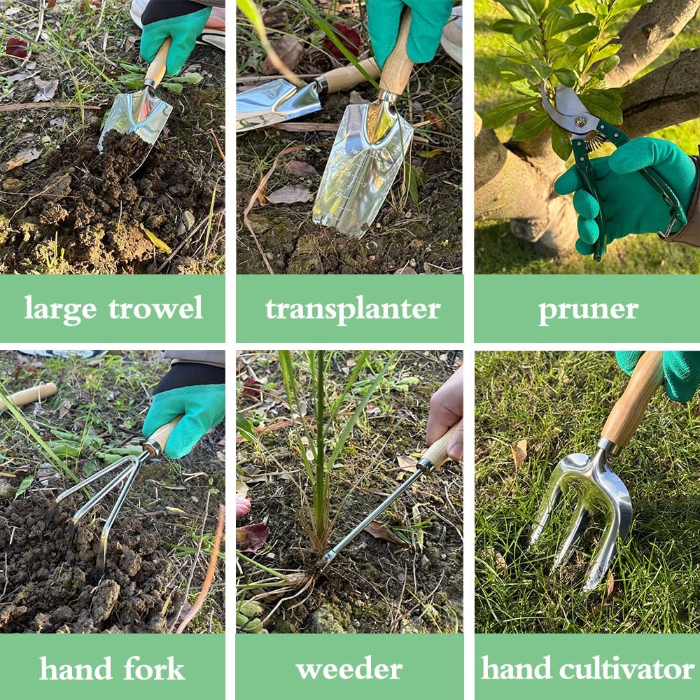 Garden Tools Set, Stainless Steel Gardening Supplies Kit, Gardening Kit, Garden Hand Tools with Fashion and Durable Storage Bag, Planting Tools, Ideal Gifts for Women & Men (10 Pieces)