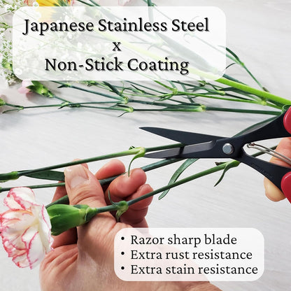 Trimming Scissors for Gardening 7" - Japanese Floral Garden Scissors for Plants, Flowers, Herbs - Japanese Stainless Steel Blade with Non-Stick Coating - Spring Loaded Handle - Made in JAPAN