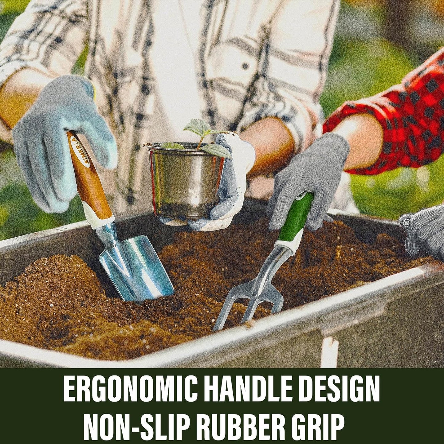 Gardening Tools Set of 9 Heavy Duty Garden Tools with Non-Slip Rubber Grip with Large Garden Bag for Tools Durable Hand Tools for Gardening, Weeding,Gardening Gifts for Women,Men (Dark Green)