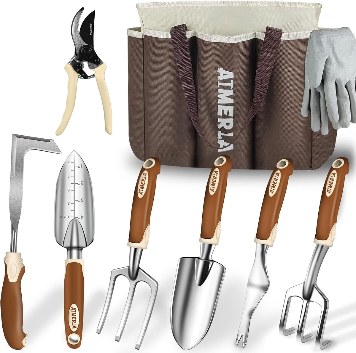 Gardening Tools Set of 9 Heavy Duty Garden Tools with Non-Slip Rubber Grip with Large Garden Bag for Tools Durable Hand Tools for Gardening, Weeding,Gardening Gifts for Women,Men (Dark Green)