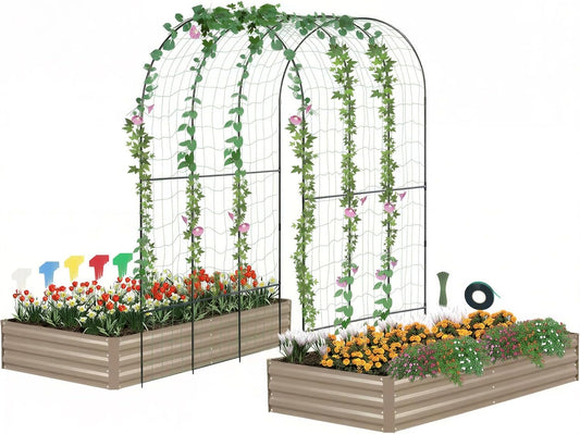 Galvanized Raised Garden Bed with Trellis, 6×3×1 FT 2 Pack Outdoor Garden Bed, Upgraded 4×3 Support, Brown
