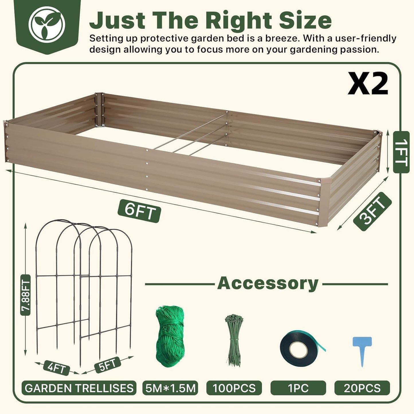Galvanized Raised Garden Bed with Trellis, 6×3×1 FT 2 Pack Outdoor Garden Bed, Upgraded 4×3 Support, Brown