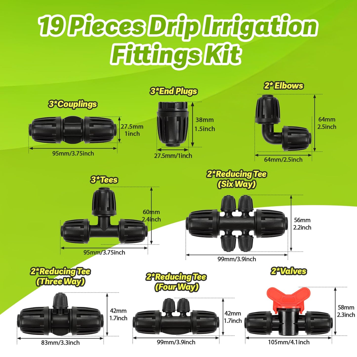 19 Pieces 1/2 Inch Drip Irrigation Fittings Kit, 1/2'' Drip Line Barbed Fittings for 1/2 Inch Irrigation Tubing (1/2" ID x 0.650" OD) Anti-Leak Lock Nut Connectors for Garden Drip System