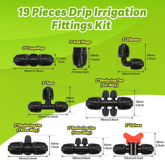 19 Pieces 1/2 Inch Drip Irrigation Fittings Kit, 1/2'' Drip Line Barbed Fittings for 1/2 Inch Irrigation Tubing (1/2" ID x 0.650" OD) Anti-Leak Lock Nut Connectors for Garden Drip System