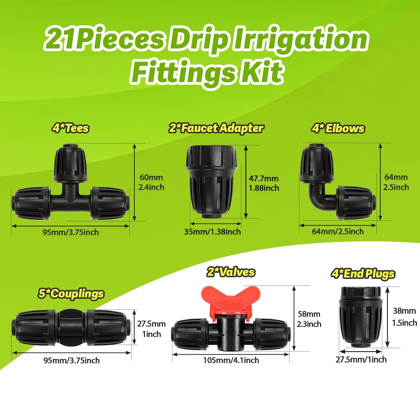19 Pieces 1/2 Inch Drip Irrigation Fittings Kit, 1/2'' Drip Line Barbed Fittings for 1/2 Inch Irrigation Tubing (1/2" ID x 0.650" OD) Anti-Leak Lock Nut Connectors for Garden Drip System