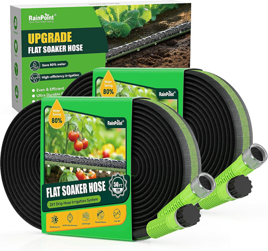 Flat Soaker Hose 100FT for Garden, Drip Hose with Anodized Aircraft Aluminum Ends, Flexible Leakproof and Save 80% Water Garden Irrigation Hose, Green (50FT X 2Pack)