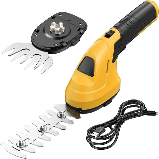 Cordless Grass Shear Hedge Trimmer, 2 in 1 Lightweight Electric Grass Trimmers, 2.0Ah Battery, Type-C Cable Included, Handheld Shrub Trimmer Grass Cutter for Garden(Yellow)