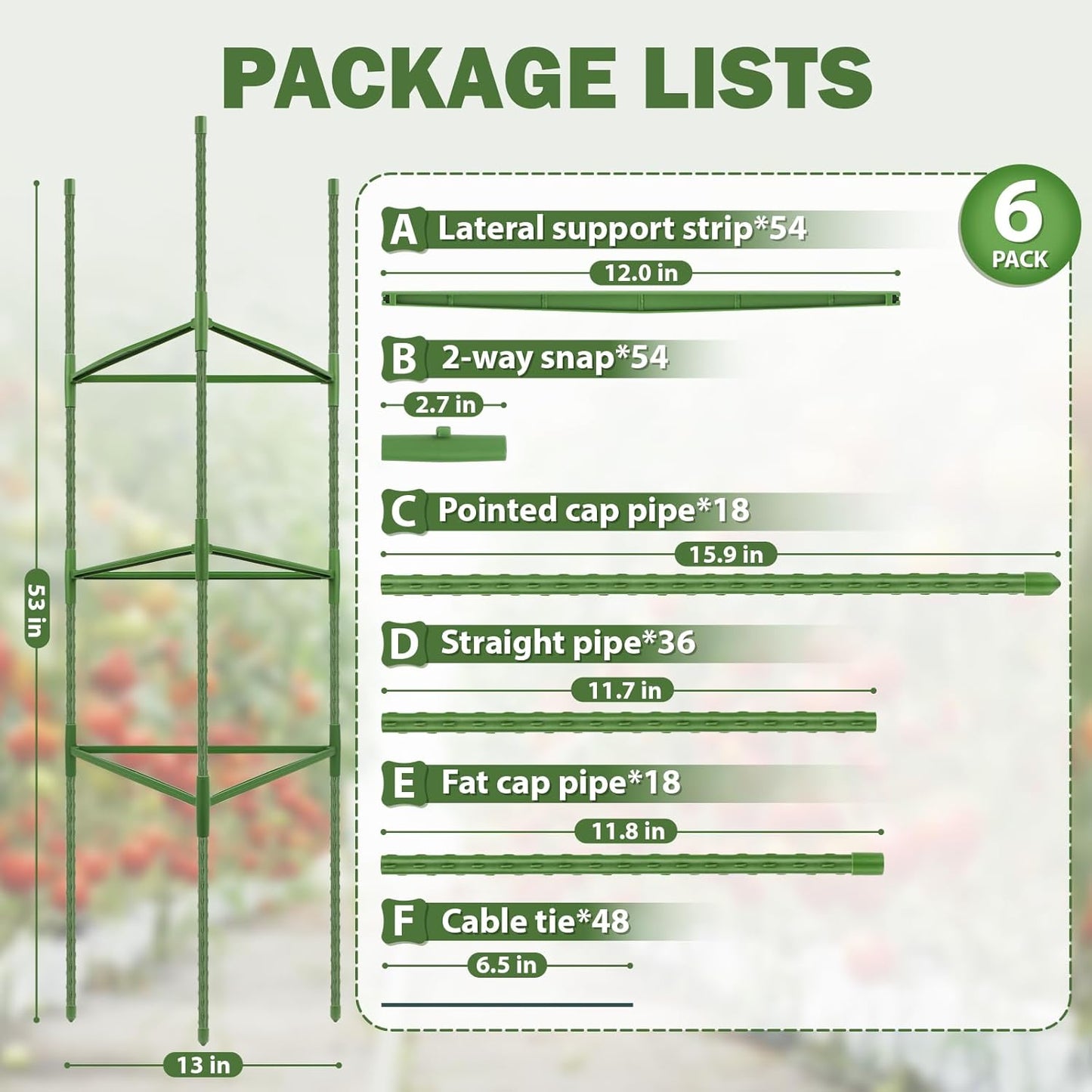 6 Pack 48 Inch Tomato Cages for Garden Plant Supports