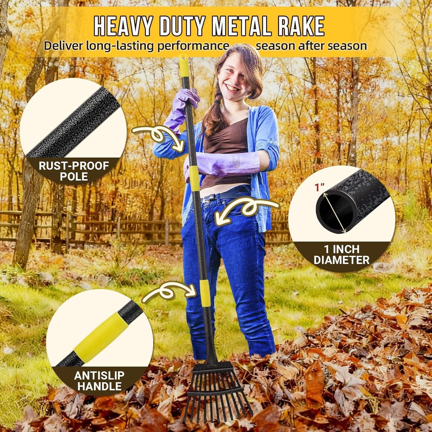 Leaf Rake, Small Rake for Leaves with 30"-60" Adjustable Long Handle, 11 Tines 8.5" Wide, Metal Rakes Heavy Duty for Lawns, Gardening, Yard, Camping, Shrub, Grass, Bush, Weed, Debris