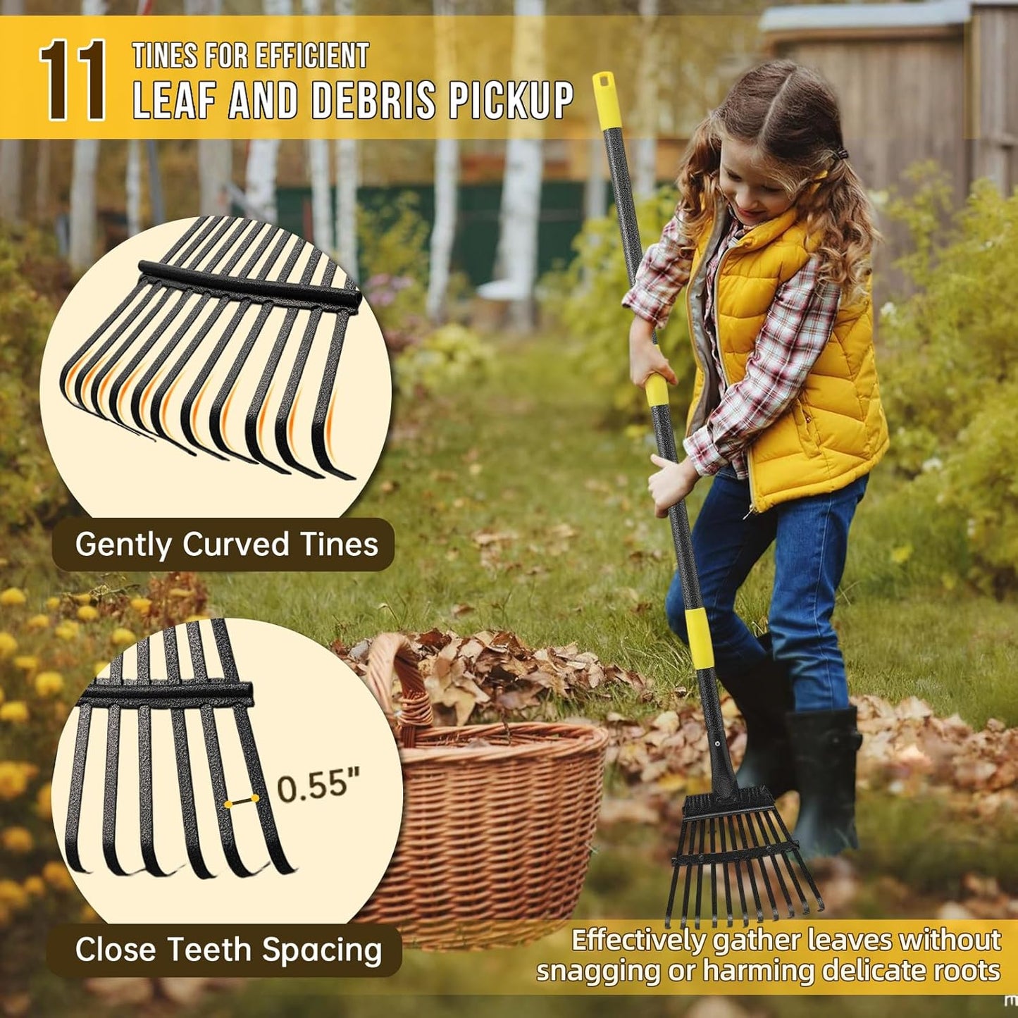 Leaf Rake, Small Rake for Leaves with 30"-60" Adjustable Long Handle, 11 Tines 8.5" Wide, Metal Rakes Heavy Duty for Lawns, Gardening, Yard, Camping, Shrub, Grass, Bush, Weed, Debris