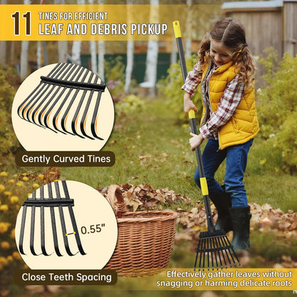 Leaf Rake, Small Rake for Leaves with 30"-60" Adjustable Long Handle, 11 Tines 8.5" Wide, Metal Rakes Heavy Duty for Lawns, Gardening, Yard, Camping, Shrub, Grass, Bush, Weed, Debris