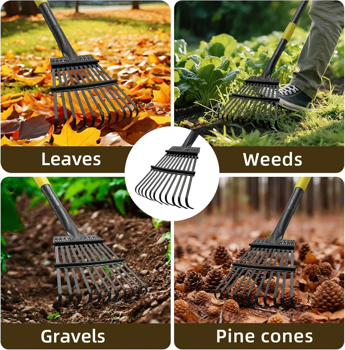 Leaf Rake, Small Rake for Leaves with 30"-60" Adjustable Long Handle, 11 Tines 8.5" Wide, Metal Rakes Heavy Duty for Lawns, Gardening, Yard, Camping, Shrub, Grass, Bush, Weed, Debris
