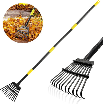 Leaf Rake, Small Rake for Leaves with 30"-60" Adjustable Long Handle, 11 Tines 8.5" Wide, Metal Rakes Heavy Duty for Lawns, Gardening, Yard, Camping, Shrub, Grass, Bush, Weed, Debris