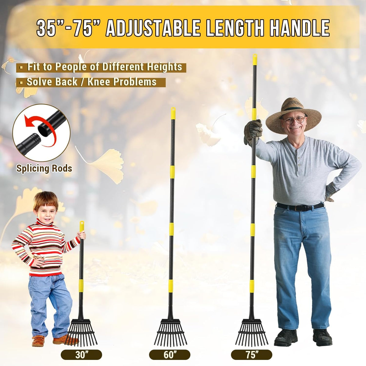 Leaf Rake, Small Rake for Leaves with 30"-60" Adjustable Long Handle, 11 Tines 8.5" Wide, Metal Rakes Heavy Duty for Lawns, Gardening, Yard, Camping, Shrub, Grass, Bush, Weed, Debris