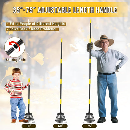 Leaf Rake, Small Rake for Leaves with 30"-60" Adjustable Long Handle, 11 Tines 8.5" Wide, Metal Rakes Heavy Duty for Lawns, Gardening, Yard, Camping, Shrub, Grass, Bush, Weed, Debris