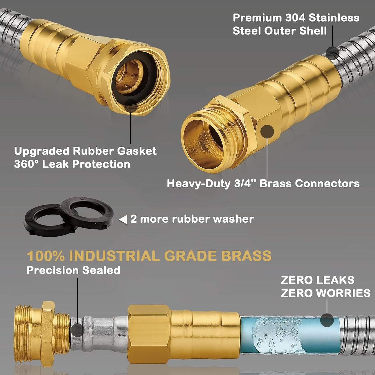 1FT Stainless Steel Leader Hose, 3/4 GHT Male to Female
