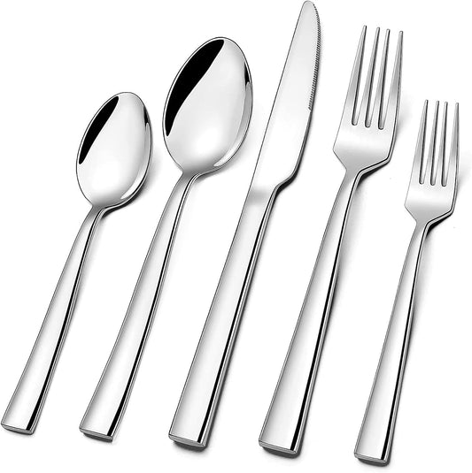 Silverware Set for 2, 10-Piece Stainless Steel Flatware Cutlery Set, Square Edge Kitchen Utensil Include Knives/Forks/Spoons, Tableware for Home/Hotel, Mirror Polished Dishwasher Safe