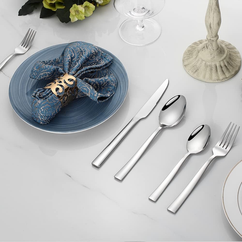 Silverware Set for 2, 10-Piece Stainless Steel Flatware Cutlery Set, Square Edge Kitchen Utensil Include Knives/Forks/Spoons, Tableware for Home/Hotel, Mirror Polished Dishwasher Safe