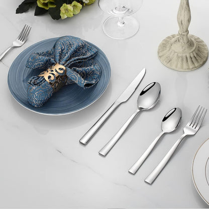 Silverware Set for 2, 10-Piece Stainless Steel Flatware Cutlery Set, Square Edge Kitchen Utensil Include Knives/Forks/Spoons, Tableware for Home/Hotel, Mirror Polished Dishwasher Safe
