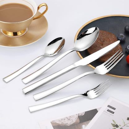 Silverware Set for 2, 10-Piece Stainless Steel Flatware Cutlery Set, Square Edge Kitchen Utensil Include Knives/Forks/Spoons, Tableware for Home/Hotel, Mirror Polished Dishwasher Safe