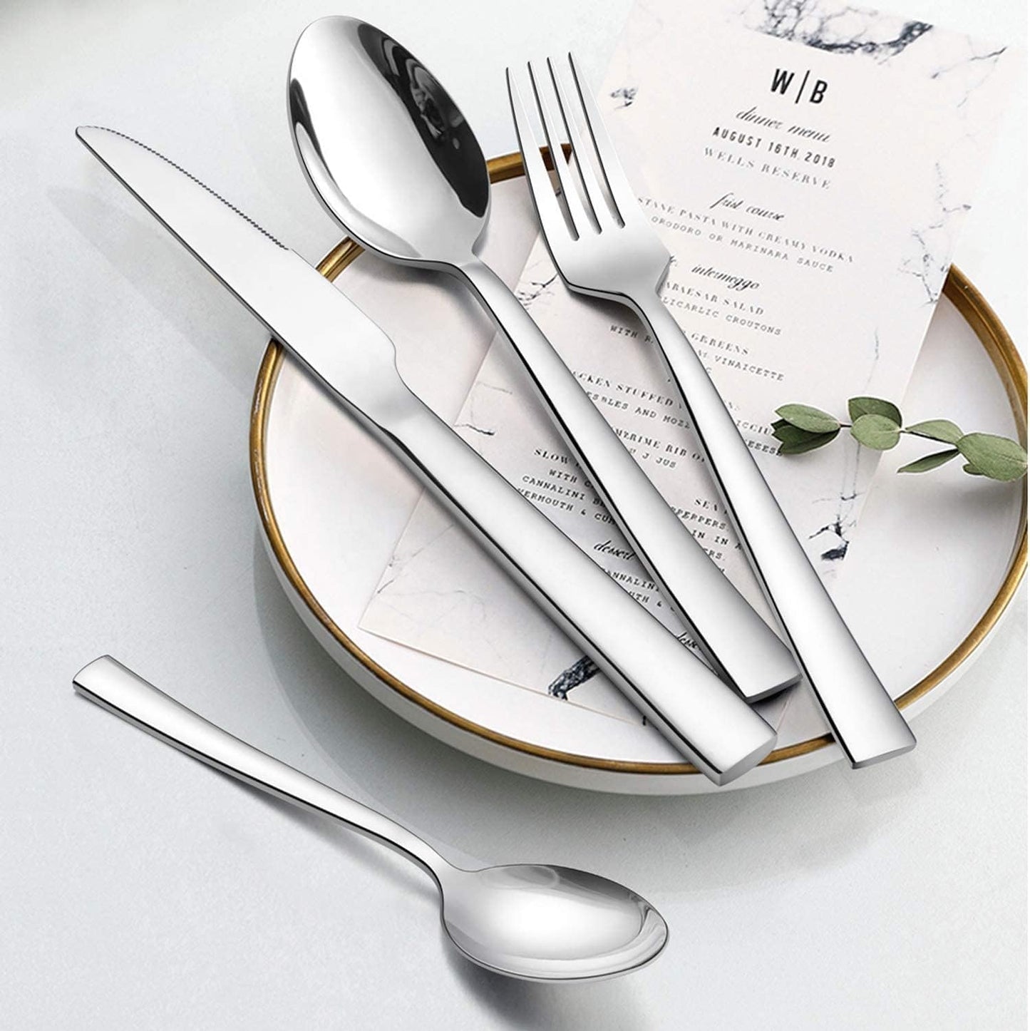 Silverware Set for 2, 10-Piece Stainless Steel Flatware Cutlery Set, Square Edge Kitchen Utensil Include Knives/Forks/Spoons, Tableware for Home/Hotel, Mirror Polished Dishwasher Safe