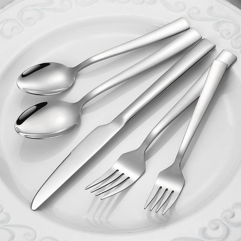 Silverware Set for 2, 10-Piece Stainless Steel Flatware Cutlery Set, Square Edge Kitchen Utensil Include Knives/Forks/Spoons, Tableware for Home/Hotel, Mirror Polished Dishwasher Safe
