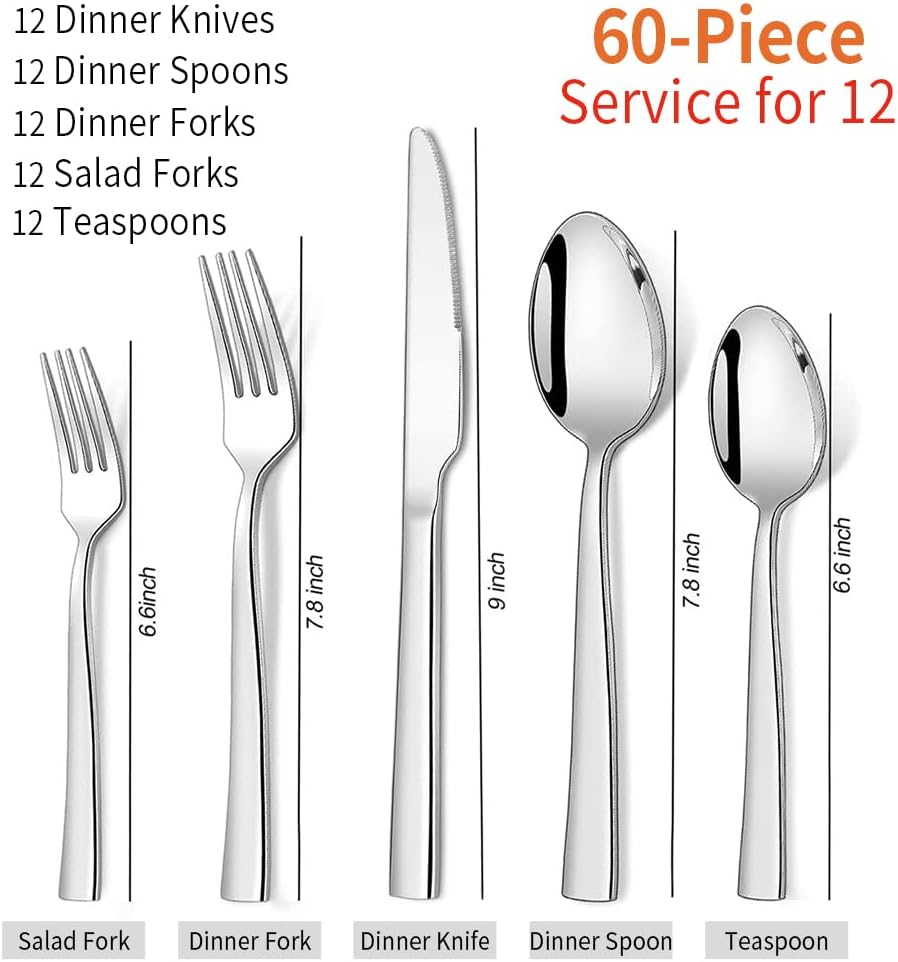 Silverware Set for 2, 10-Piece Stainless Steel Flatware Cutlery Set, Square Edge Kitchen Utensil Include Knives/Forks/Spoons, Tableware for Home/Hotel, Mirror Polished Dishwasher Safe