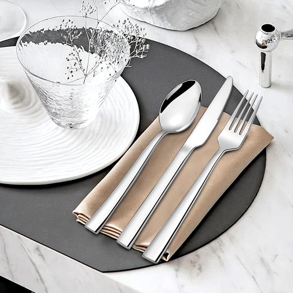 Silverware Set for 2, 10-Piece Stainless Steel Flatware Cutlery Set, Square Edge Kitchen Utensil Include Knives/Forks/Spoons, Tableware for Home/Hotel, Mirror Polished Dishwasher Safe