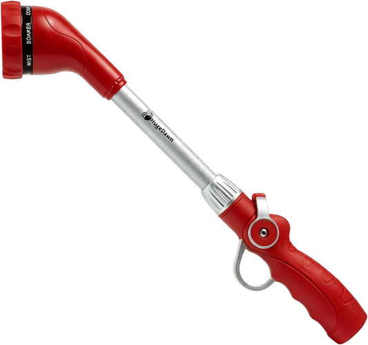 Garden Hose Wand, 16-Inch Heavy Duty Zinc Alloy & Aluminum Watering Wand with 8 Spray Patterns Thumb Control for Hanging Baskets, Garden, Cleaning (Red)