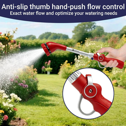 Garden Hose Wand, 16-Inch Heavy Duty Zinc Alloy & Aluminum Watering Wand with 8 Spray Patterns Thumb Control for Hanging Baskets, Garden, Cleaning (Red)
