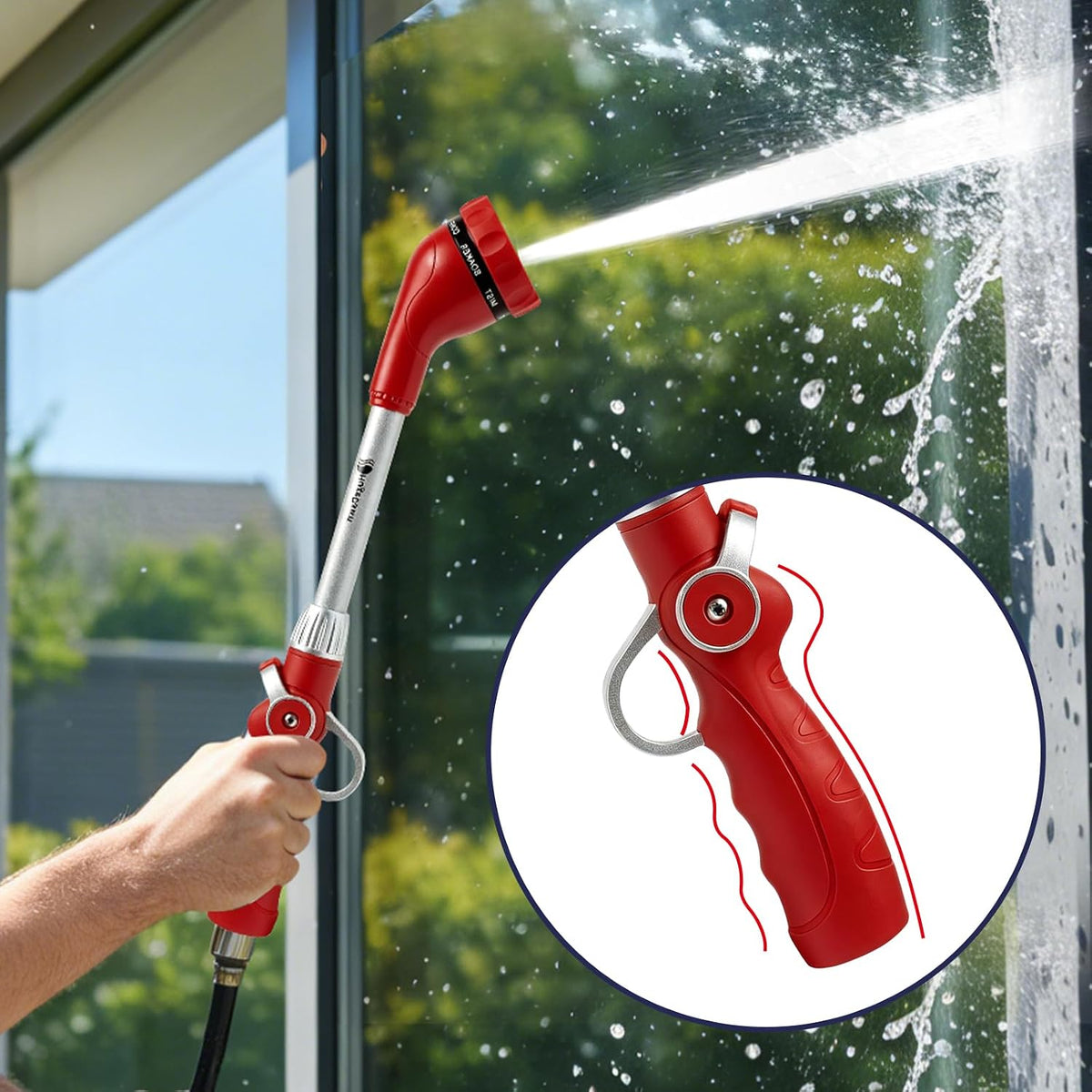 Garden Hose Wand, 16-Inch Heavy Duty Zinc Alloy & Aluminum Watering Wand with 8 Spray Patterns Thumb Control for Hanging Baskets, Garden, Cleaning (Red)