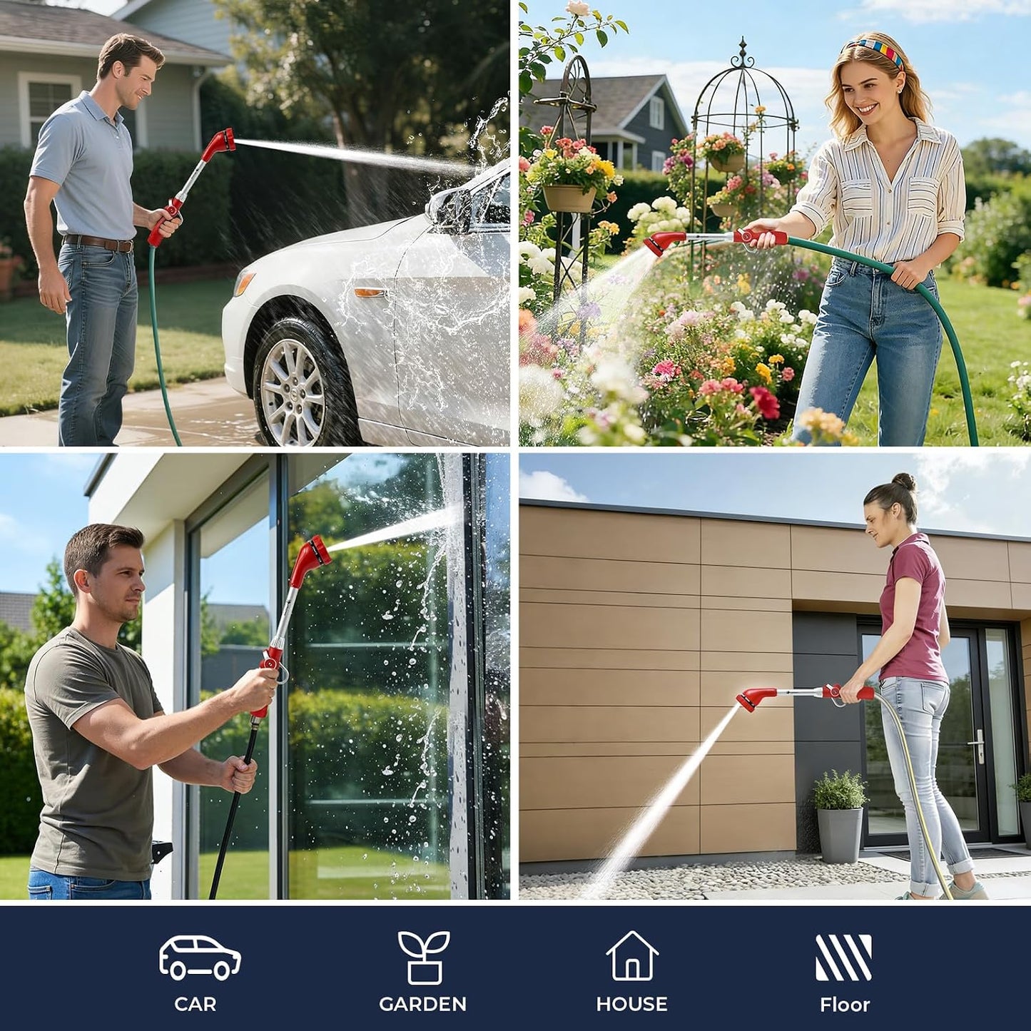 Garden Hose Wand, 16-Inch Heavy Duty Zinc Alloy & Aluminum Watering Wand with 8 Spray Patterns Thumb Control for Hanging Baskets, Garden, Cleaning (Red)