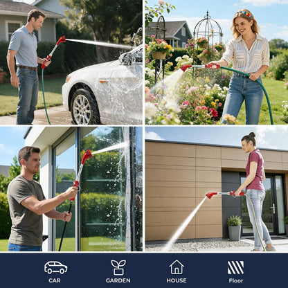Garden Hose Wand, 16-Inch Heavy Duty Zinc Alloy & Aluminum Watering Wand with 8 Spray Patterns Thumb Control for Hanging Baskets, Garden, Cleaning (Red)