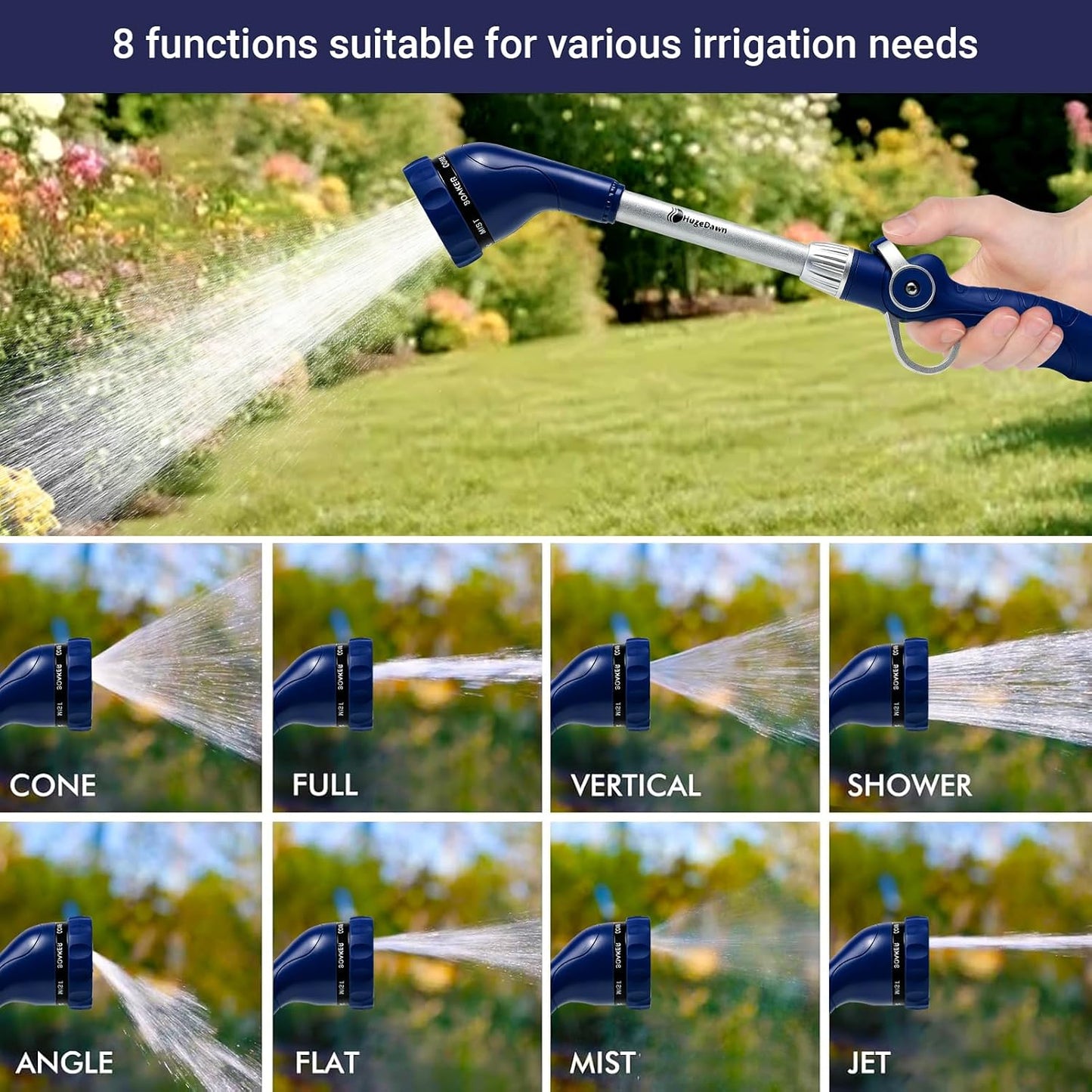 Garden Hose Wand, 16-Inch Heavy Duty Zinc Alloy & Aluminum Watering Wand with 8 Spray Patterns Thumb Control for Hanging Baskets, Garden, Cleaning (Red)