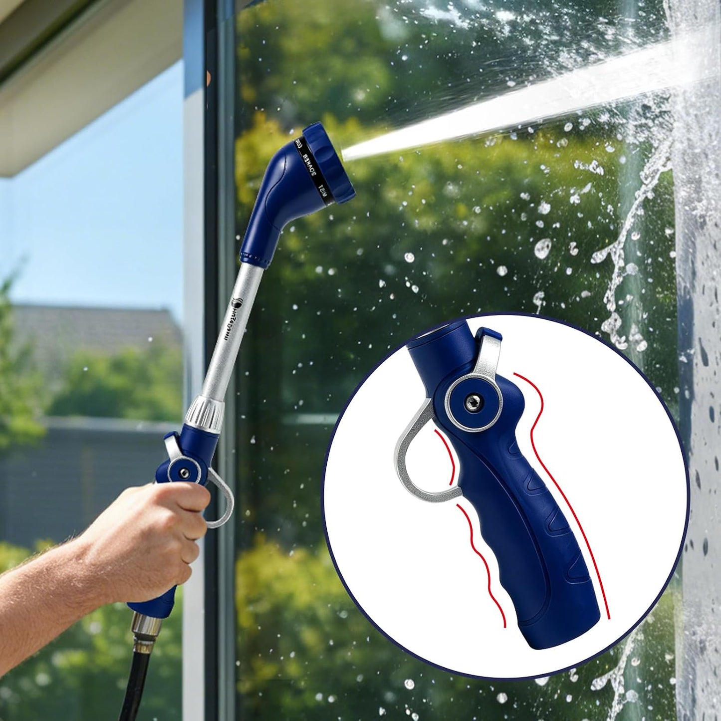 Garden Hose Wand, 16-Inch Heavy Duty Zinc Alloy & Aluminum Watering Wand with 8 Spray Patterns Thumb Control for Hanging Baskets, Garden, Cleaning (Red)