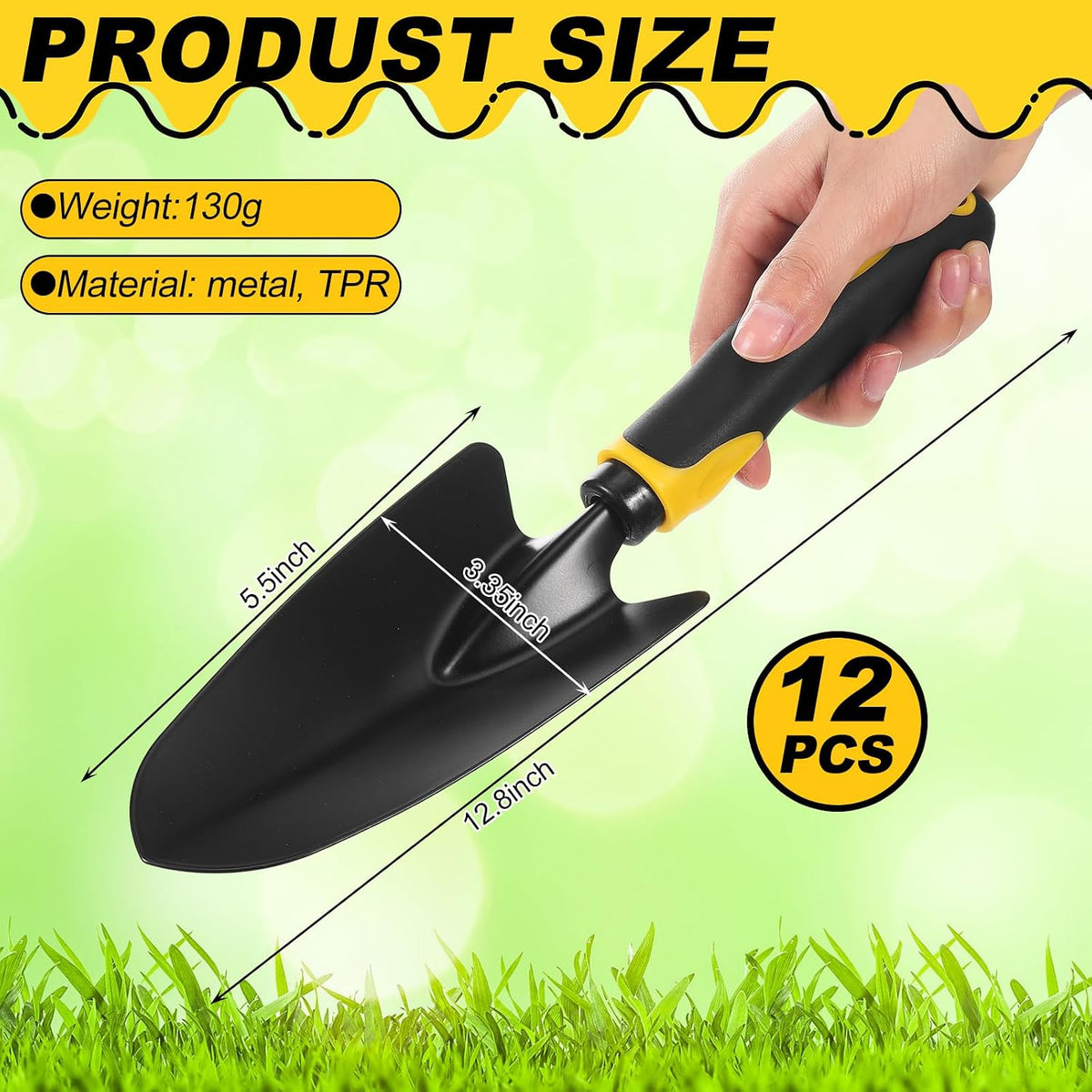 12 Pcs Garden Shovel Aluminum Alloy Heavy Duty Trowel Small Digging Shovels Metal Hand Trowel Spade with Soft Handle for Garden Lawn Yard Planting Tool (Large Shovel,Yellow)
