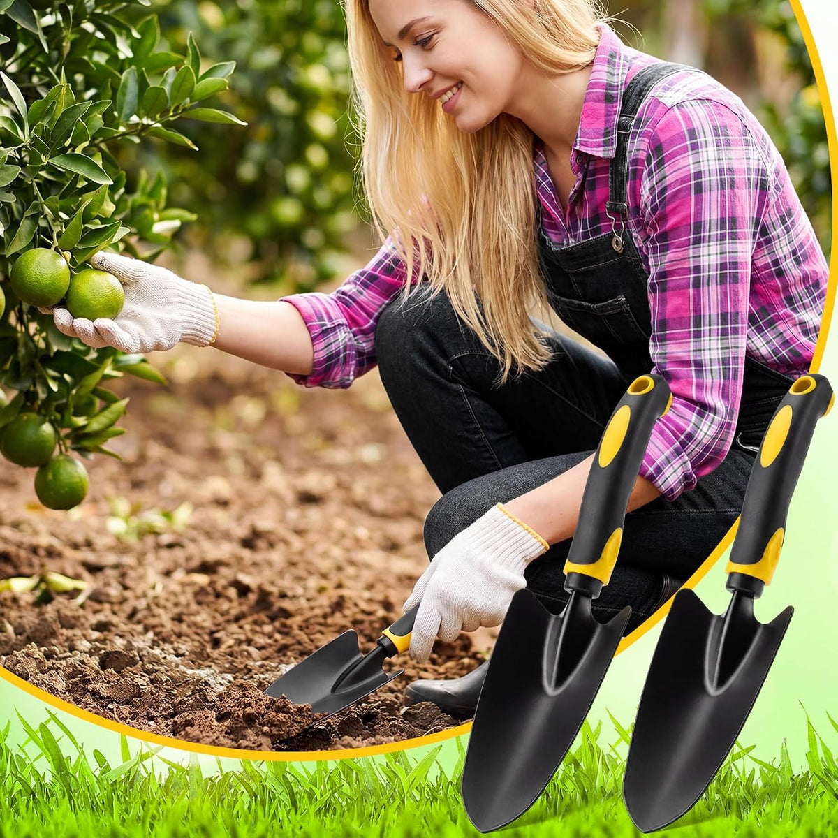 12 Pcs Garden Shovel Aluminum Alloy Heavy Duty Trowel Small Digging Shovels Metal Hand Trowel Spade with Soft Handle for Garden Lawn Yard Planting Tool (Large Shovel,Yellow)