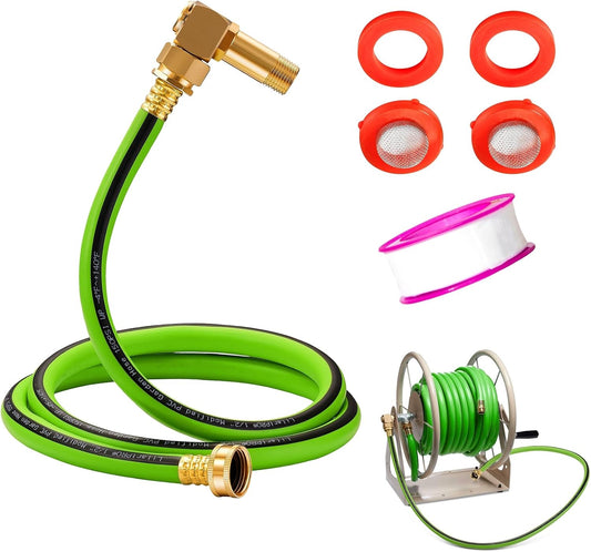 LF Brass Hose Reel Parts Fittings & 5 FT Replacement Leader Hose, Garden Hose Adapter, Brass Replacement Part Swivel, For Liberty Garden Products