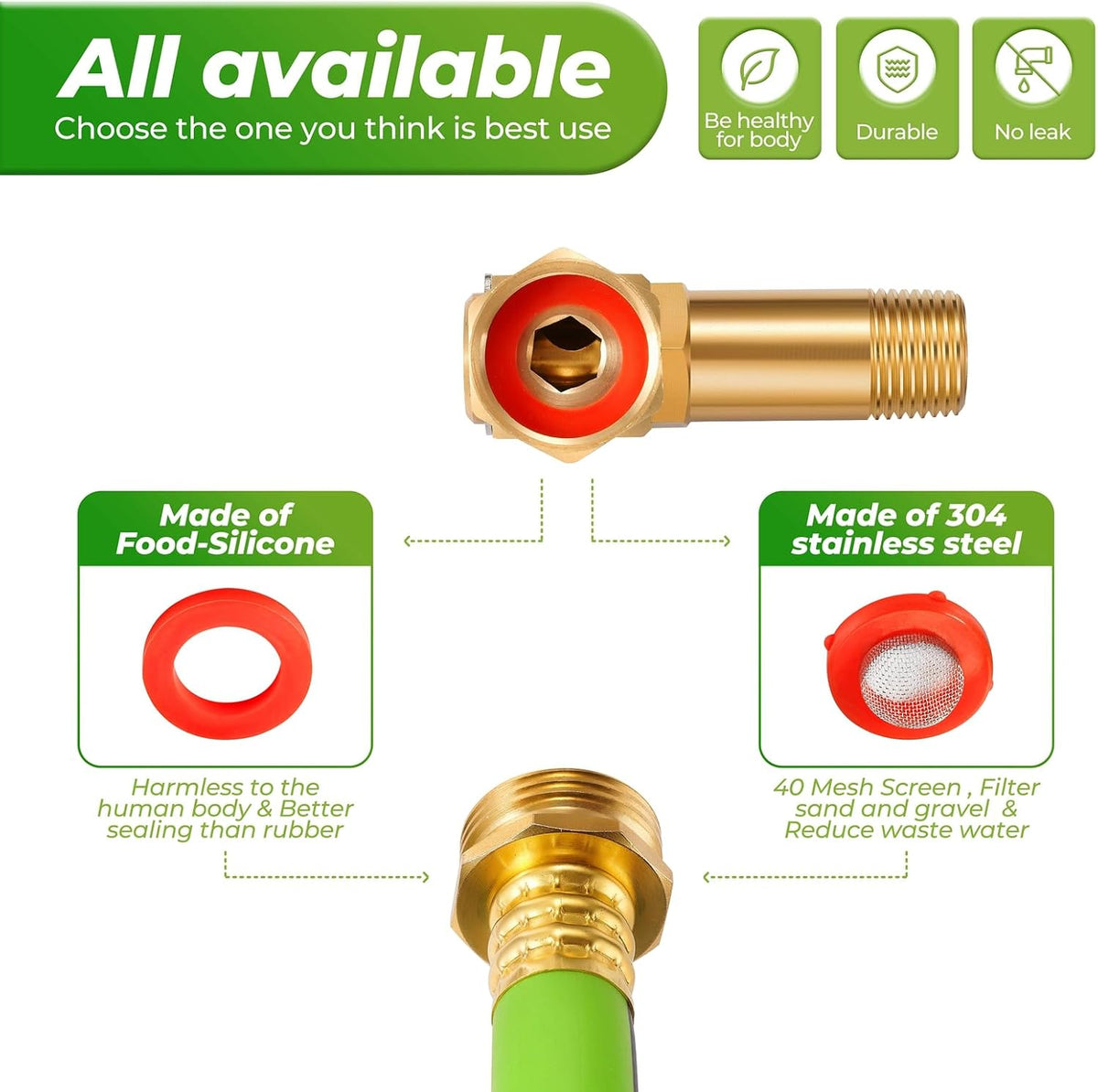 LF Brass Hose Reel Parts Fittings & 5 FT Replacement Leader Hose, Garden Hose Adapter, Brass Replacement Part Swivel, For Liberty Garden Products