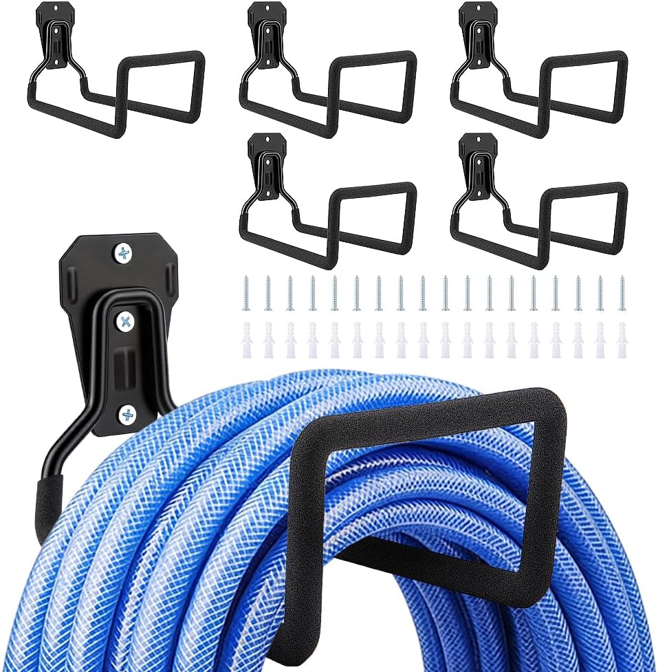 6 Pack Garden Hose Holder, Metal Heavy Duty Water Hose Holder Wall Mounted Garage Hook Sturdy Reel Hooks for Outside Yard Water Extension Cords Ropes Storage Pipes, Black