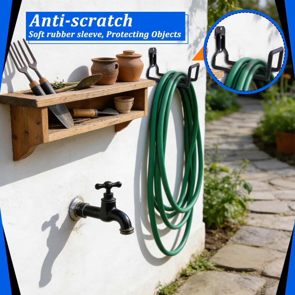 6 Pack Garden Hose Holder, Metal Heavy Duty Water Hose Holder Wall Mounted Garage Hook Sturdy Reel Hooks for Outside Yard Water Extension Cords Ropes Storage Pipes, Black